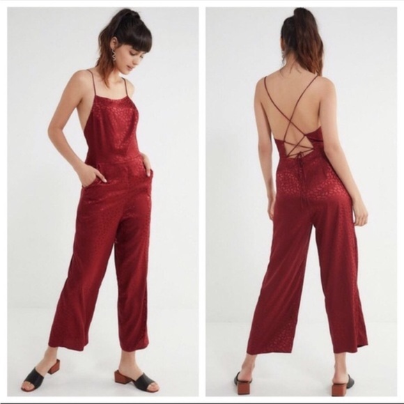 Urban Outfitters Pants - SOLD Urban Outfitters Lily Red Leopard Satin Lace Up Jumpsuit